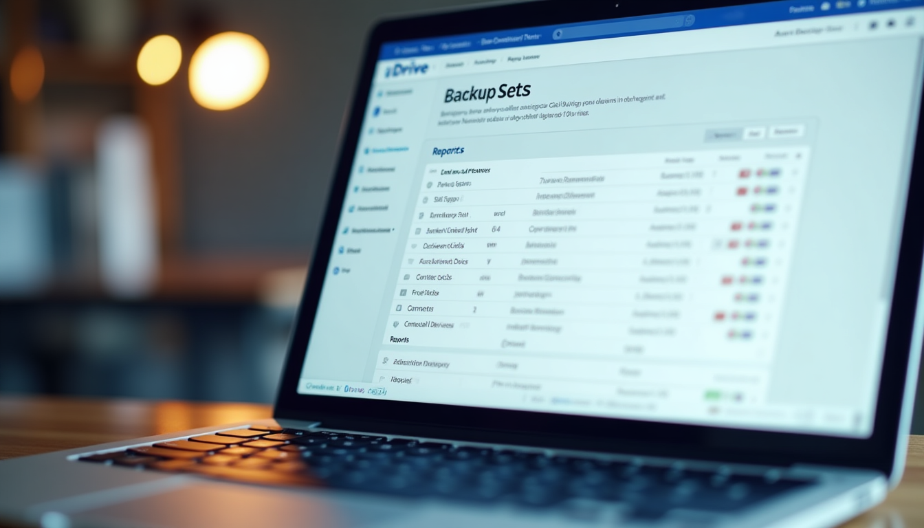 realistic photo of a laptop screen displaying the IDrive dashboard interface, showing tabs for backup sets, security, and reports with a device list visible