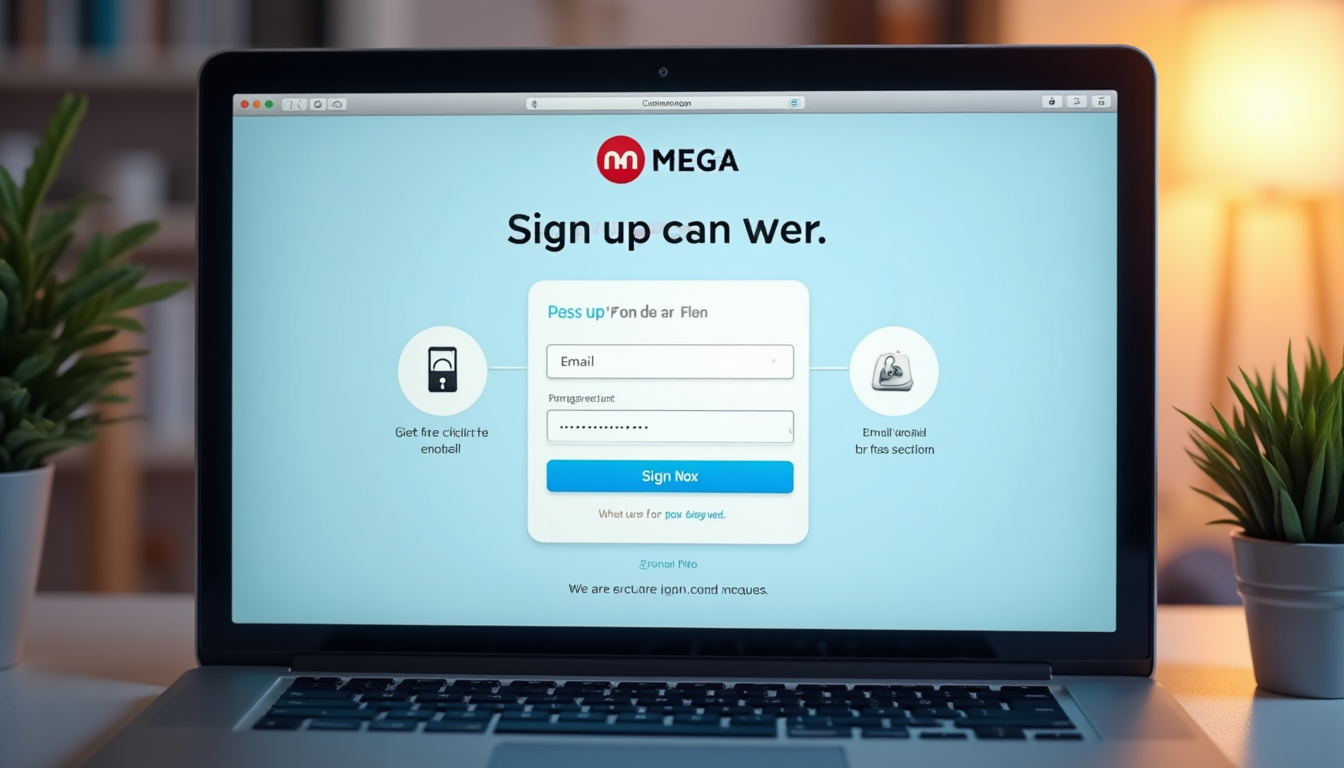 realistic rendering of the MEGA website signup page showing email input field, password creation form, and plan selection options