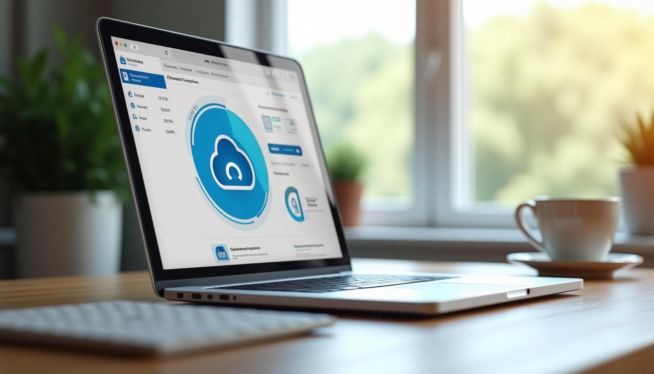 photo of a modern MacBook Pro on a desk displaying a cloud backup dashboard interface
