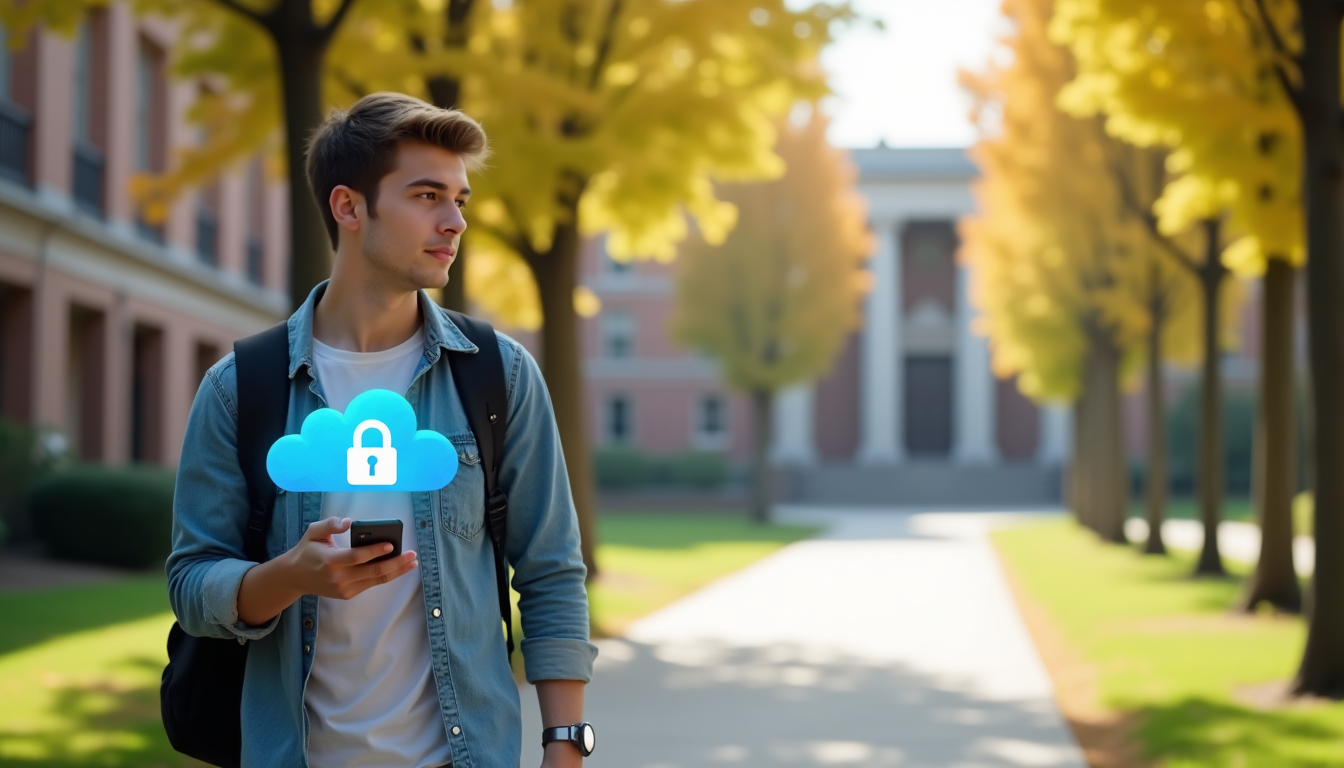 young adult student using a smartphone to securely upload files to cloud storage while walking through a university campus pathway