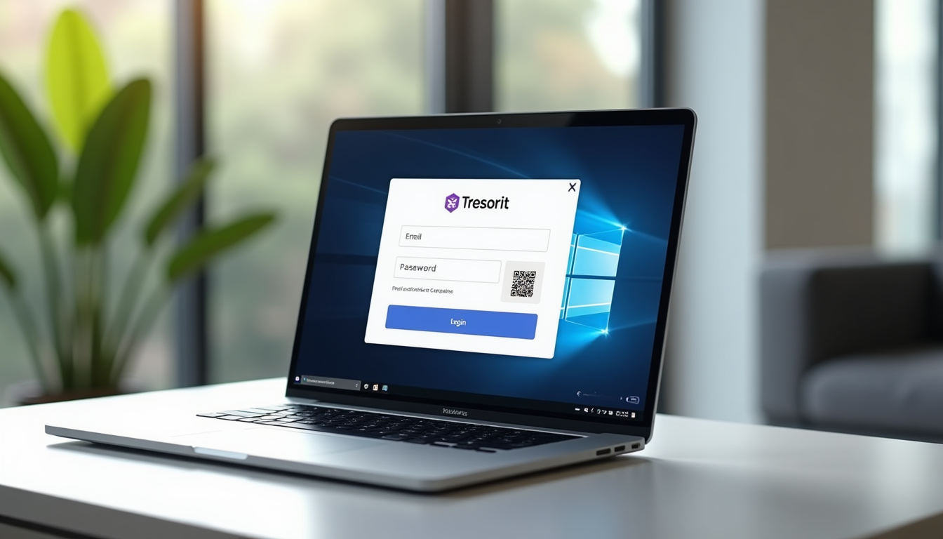 realistic rendering of the Tresorit desktop app login screen on a laptop computer displaying the email and password fields with a two-factor authentication QR code visible