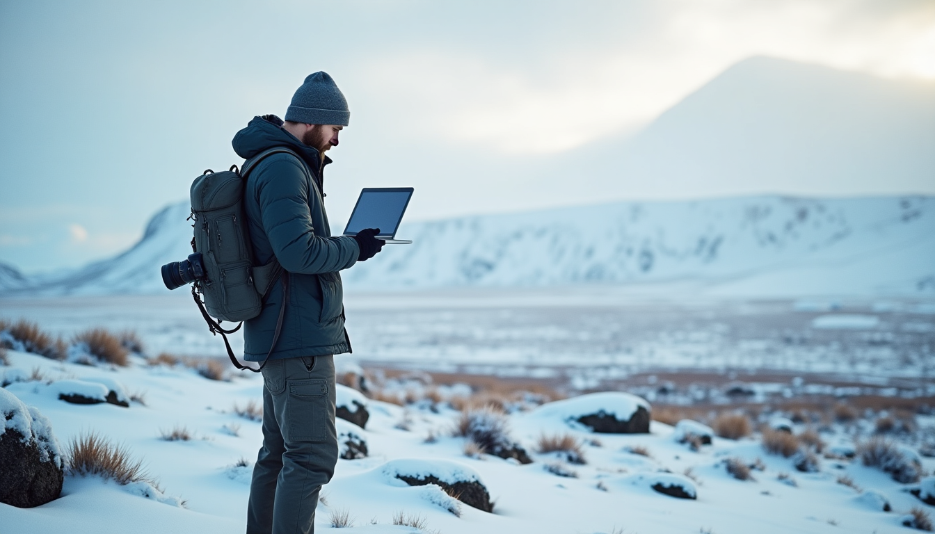 photographer scouting locations in a snowy Icelandic landscape with camera and laptop