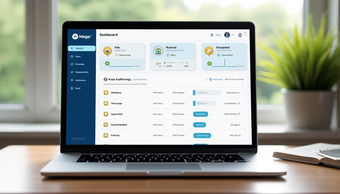 photo of the Mega cloud storage app dashboard displayed on a laptop screen showing file uploads and sharing options