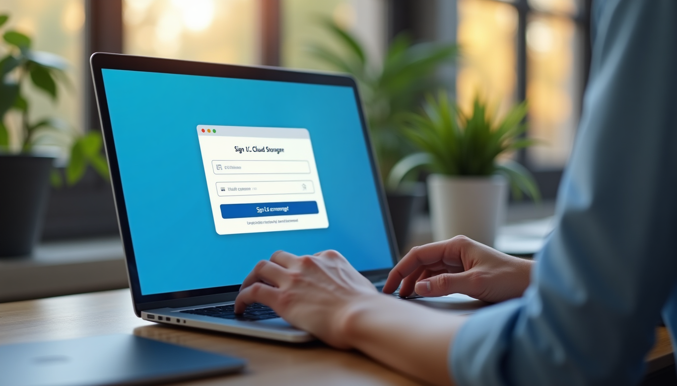 photo of a professional at a desk registering for a cloud service on a laptop screen showing signup form