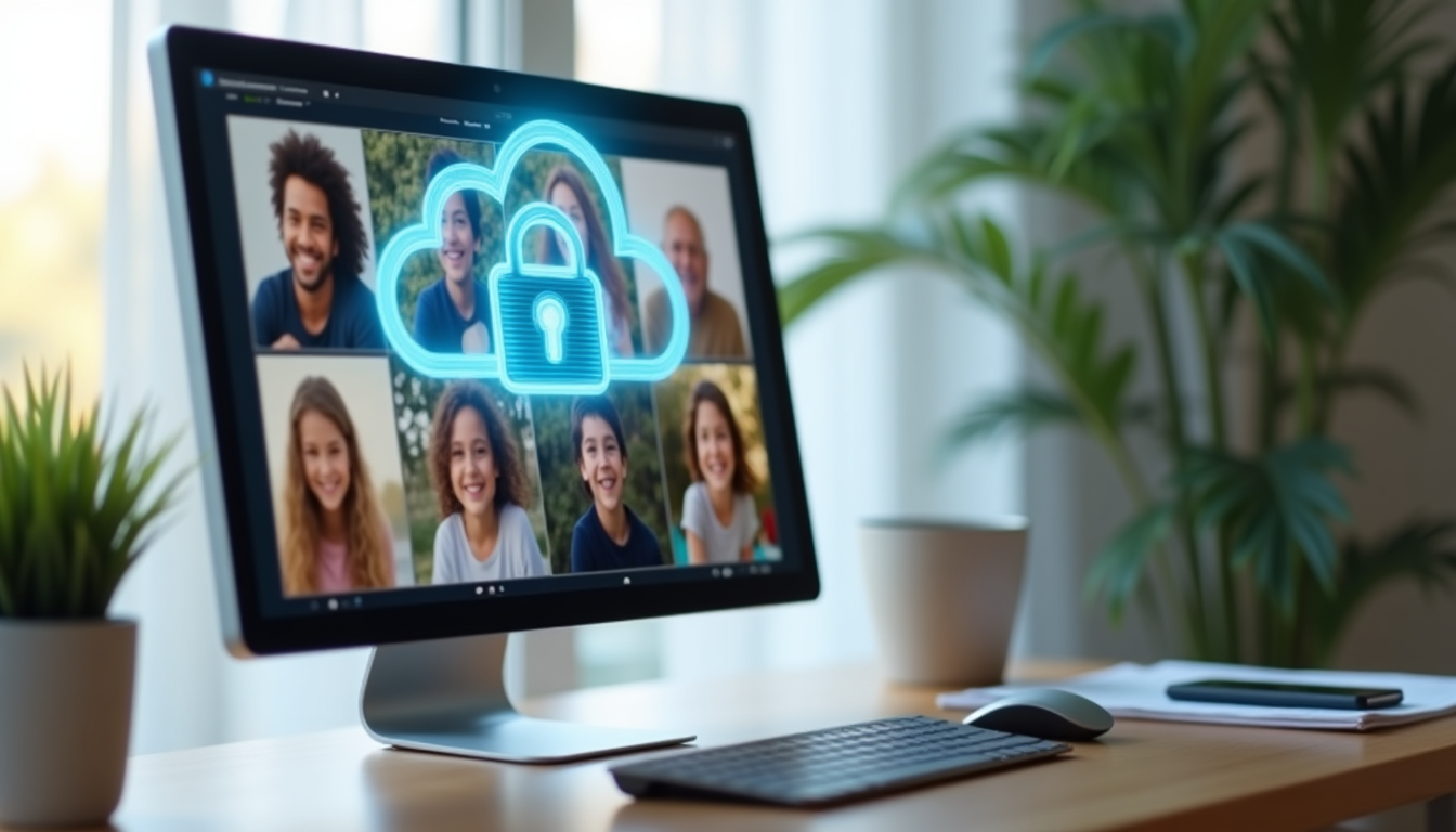 a realistic rendering of a digital padlock securing a cloud icon above a family photo album on a computer screen