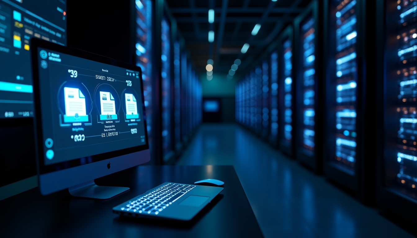 realistic rendering of data files being uploaded from a computer to a server rack in a data center where encryption keys are applied on the server side