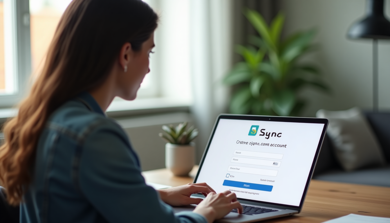 photo of a person at a desk typing on a laptop to create a Sync.com account, with the signup screen visible on the display