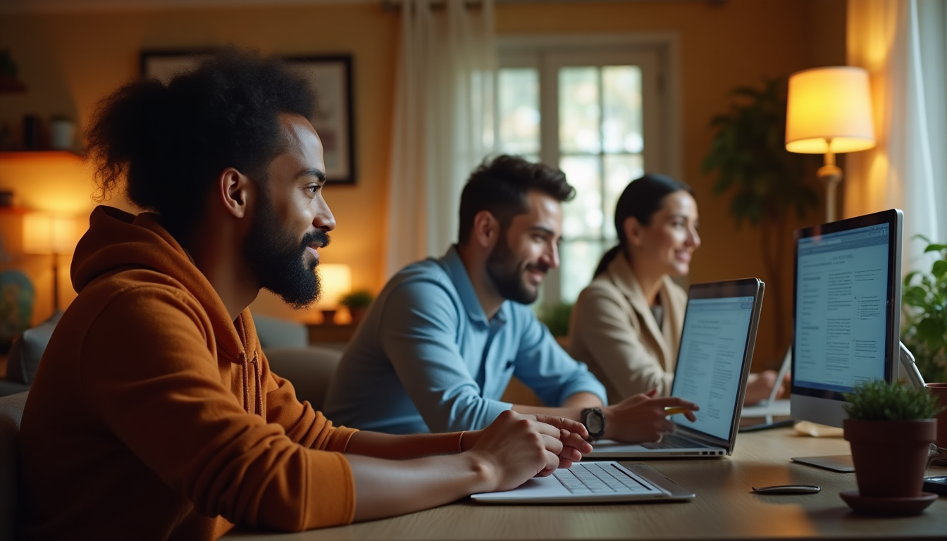 photo of diverse remote workers in home offices collaborating via video call on laptops, editing documents together