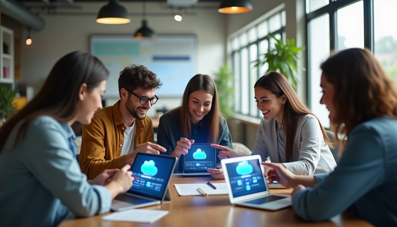 photo of creative professionals in a modern workspace syncing files across laptops and tablets in real-time