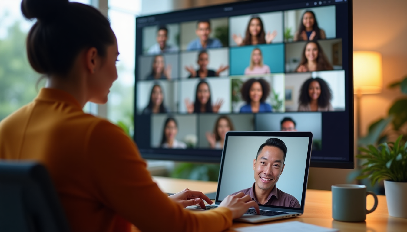 photo of a diverse remote team collaborating on a video call, with one person editing a document on their laptop while others discuss via screens