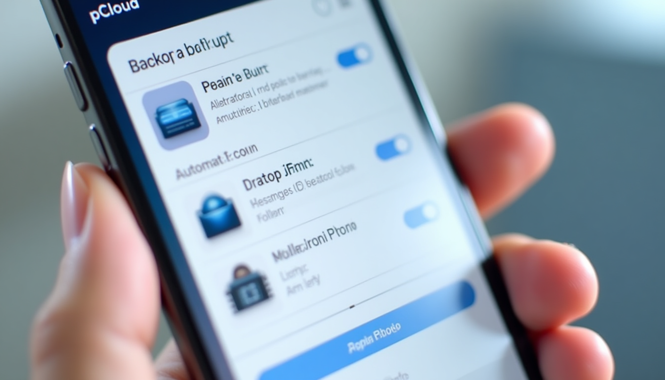 realistic screenshot of the pCloud mobile app showing the backup tab with selected photo folders and automatic toggle enabled