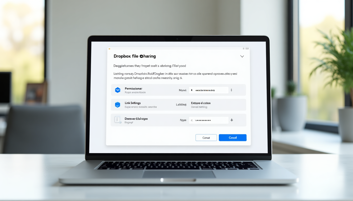 realistic rendering of a laptop screen showing the Dropbox file sharing dialog with options for permissions and link settings