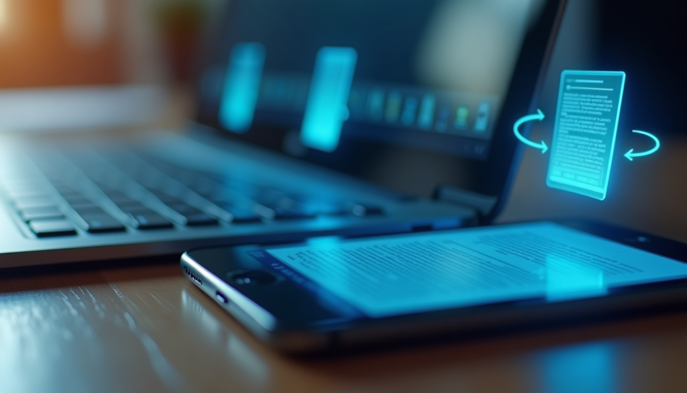 close-up of a smartphone, laptop, and tablet side by side on a desk, all displaying the same open document with sync arrows connecting them