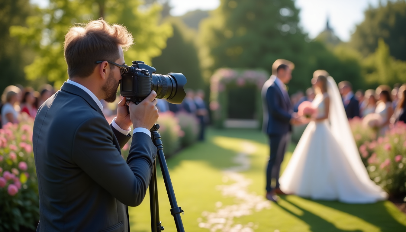professional wedding photographer capturing high-resolution photos at an outdoor event with modern camera gear