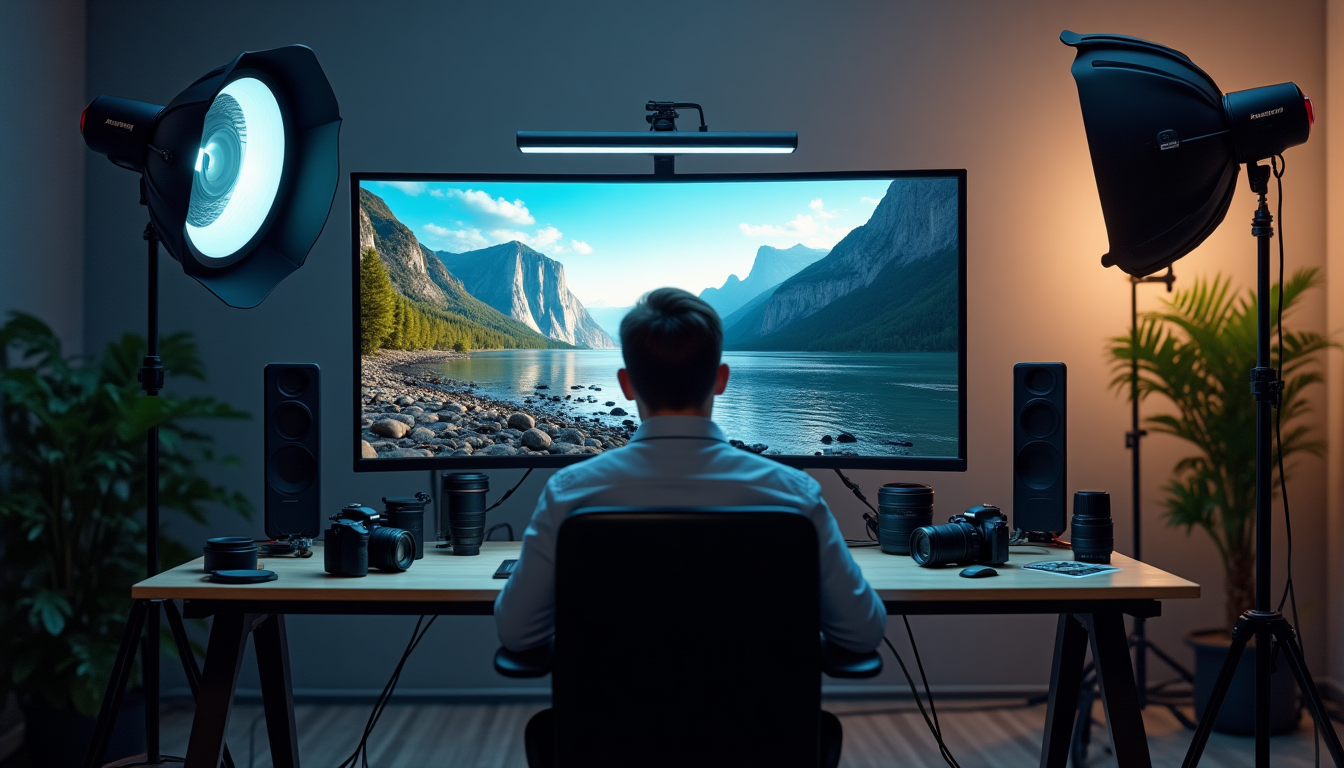 A professional photographer in a studio reviewing high-resolution photos on a large monitor, surrounded by camera equipment