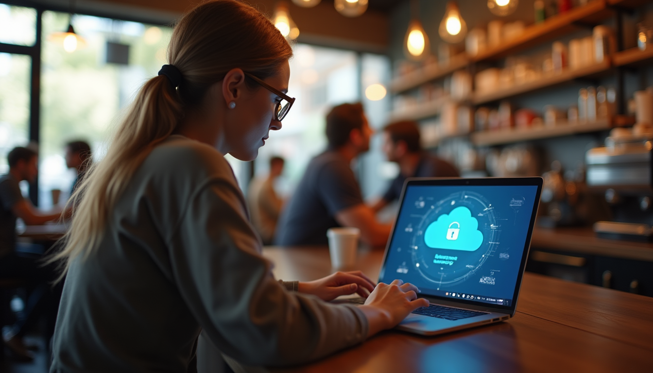 photo of a freelancer working on a laptop in a busy coffee shop