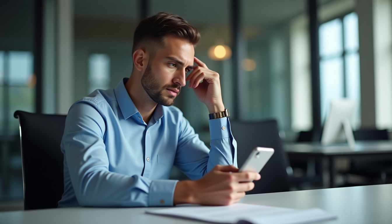 photo of a person in a modern office receiving a suspicious phishing email on their smartphone, looking alert