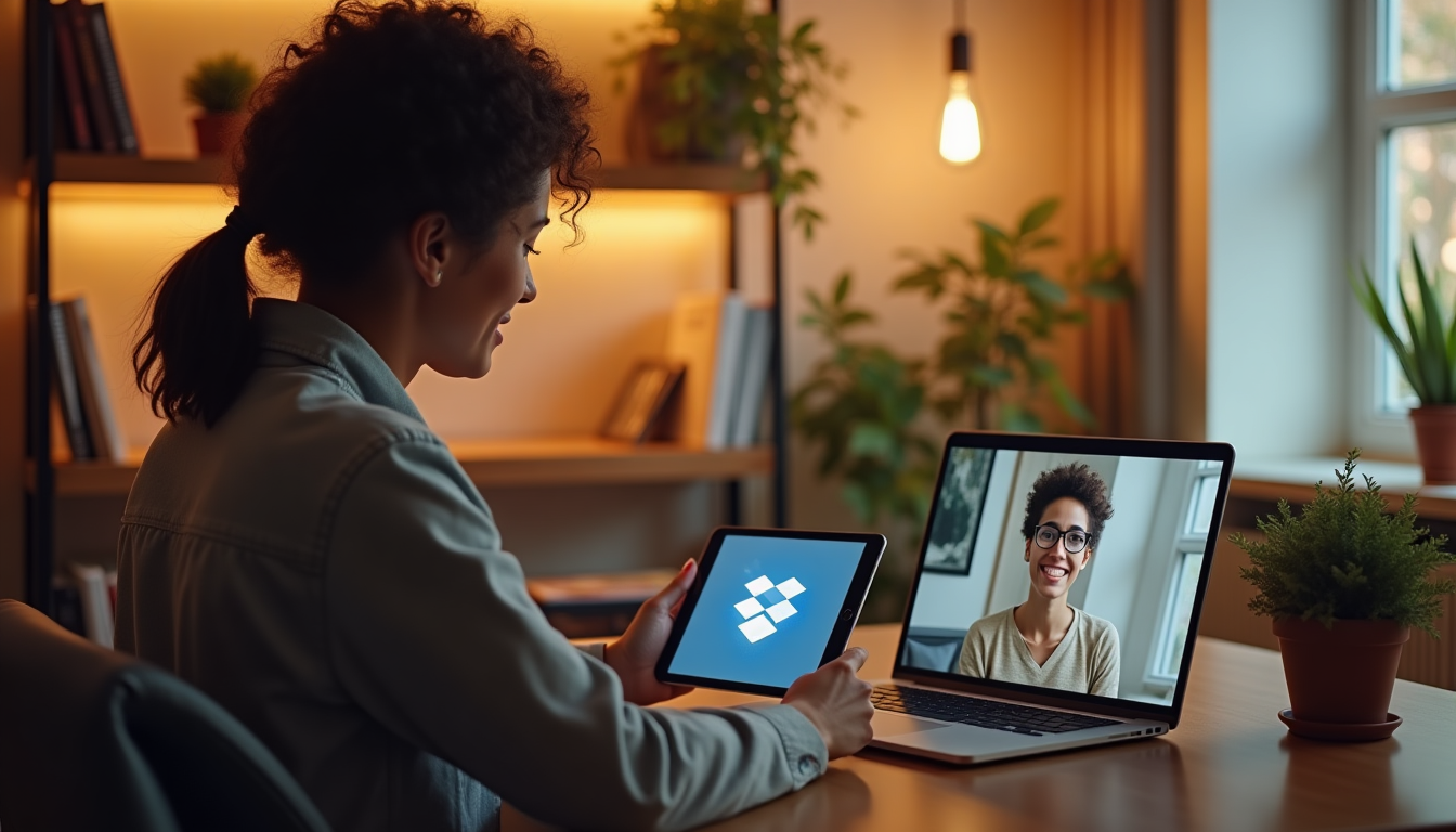 realistic photo of a freelancer sitting in a cozy home office, using a tablet to securely share Dropbox files with a colleague via a video call on a laptop screen