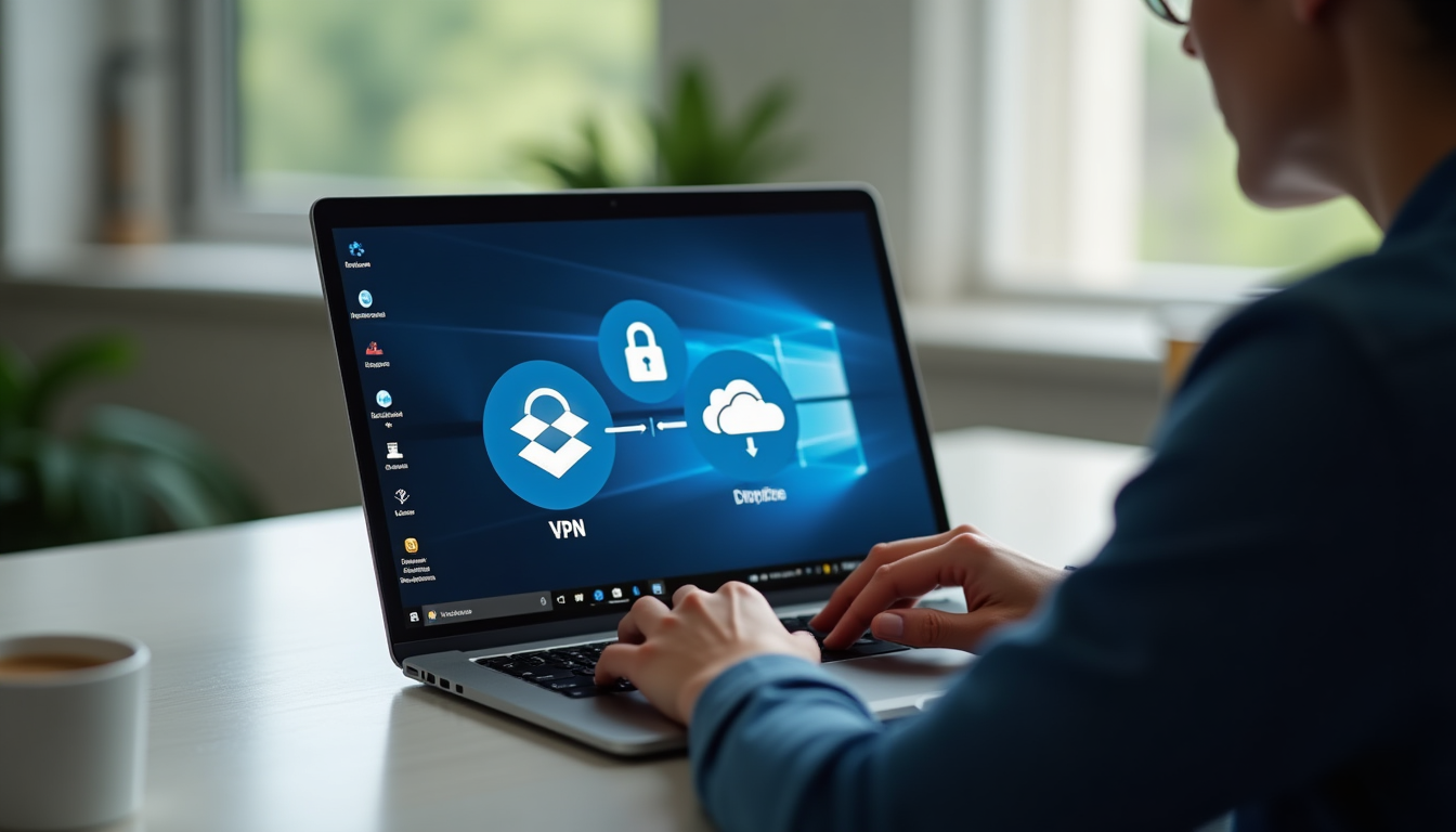 photo of a person working at a desk with a computer showing a VPN connection active and files being transferred securely between cloud icons on the screen