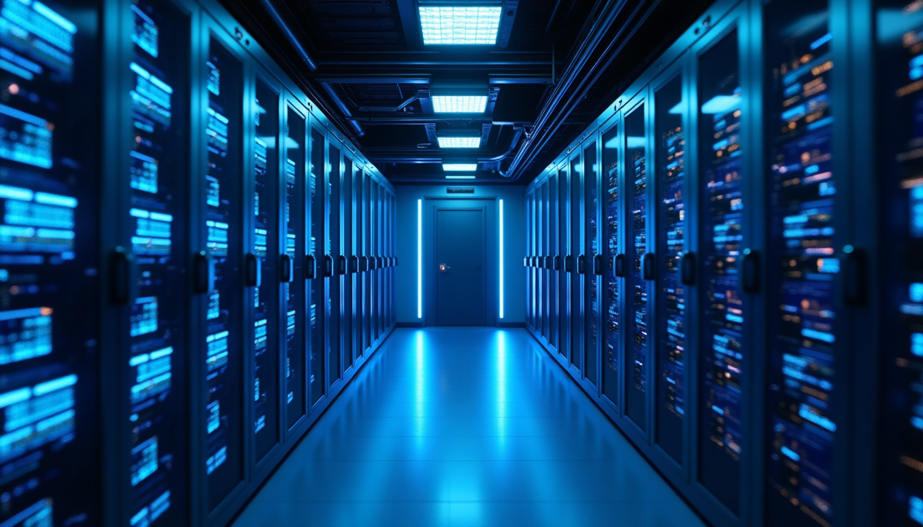 realistic photo of a secure enterprise data center interior with rows of illuminated servers, cooling systems, and access control doors