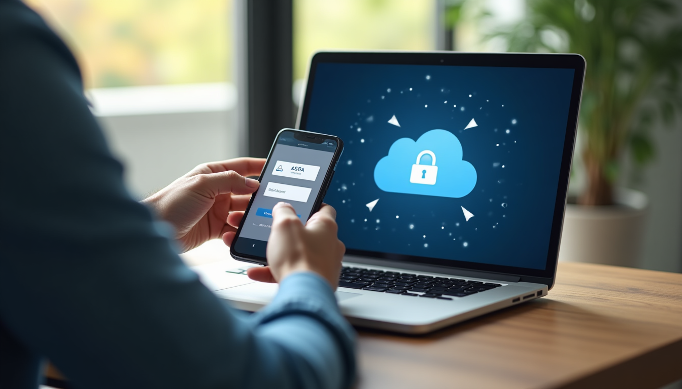 photo of a person holding a smartphone entering a 2FA code while sitting at a desk with a laptop open to a cloud storage login screen